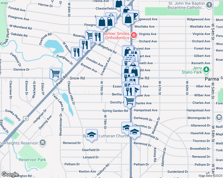 map of restaurants, bars, coffee shops, grocery stores, and more near 7719 Bertha Avenue in Parma