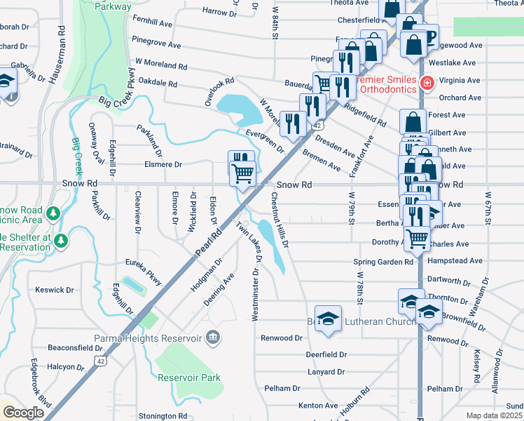 map of restaurants, bars, coffee shops, grocery stores, and more near 5874 Chestnut Hills Drive in Parma