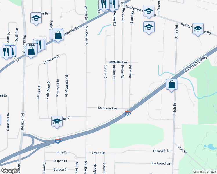 map of restaurants, bars, coffee shops, grocery stores, and more near 5990 Dorothy Drive in North Olmsted