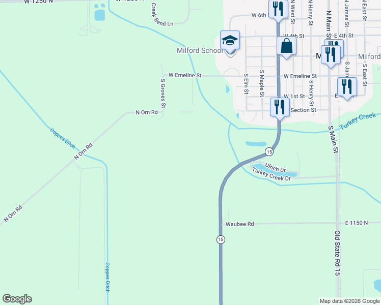 map of restaurants, bars, coffee shops, grocery stores, and more near 11693 North Sr 15 in Milford