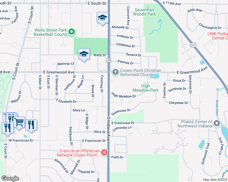 map of restaurants, bars, coffee shops, grocery stores, and more near 800 S Indiana Ave in Crown Point