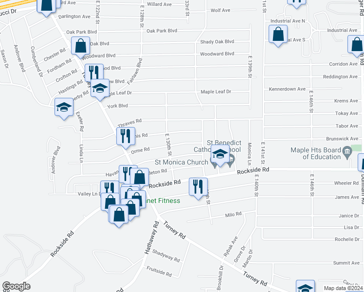map of restaurants, bars, coffee shops, grocery stores, and more near 13200 Orme Road in Garfield Heights