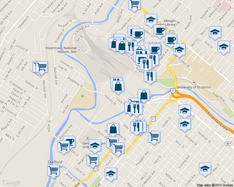 map of restaurants, bars, coffee shops, grocery stores, and more near 299 Coyle Place in Scranton