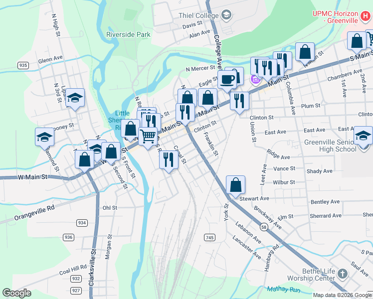 map of restaurants, bars, coffee shops, grocery stores, and more near 55-61 Canal Street in Greenville