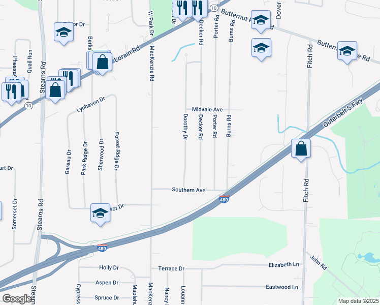 map of restaurants, bars, coffee shops, grocery stores, and more near 5990 Dorothy Drive in North Olmsted