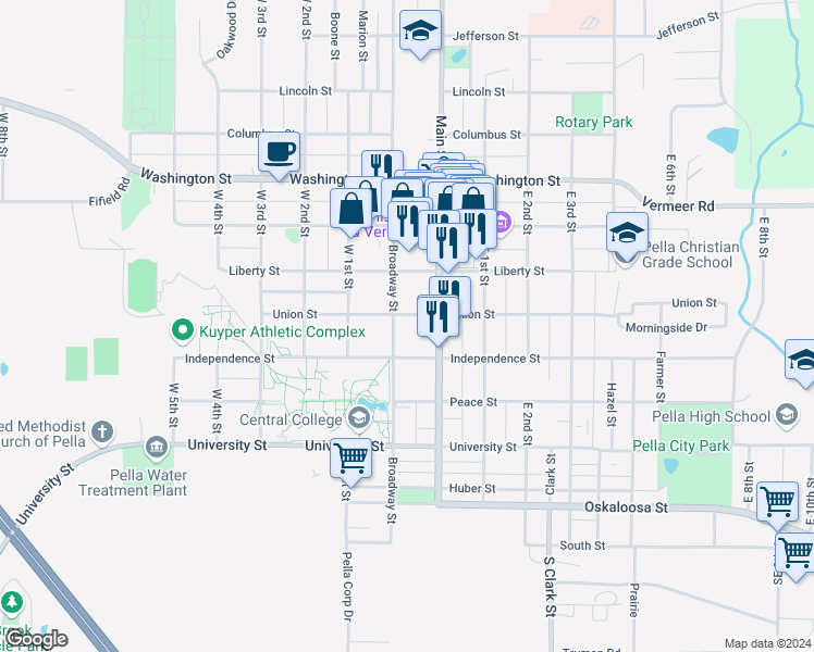 map of restaurants, bars, coffee shops, grocery stores, and more near 514 Broadway Street in Pella