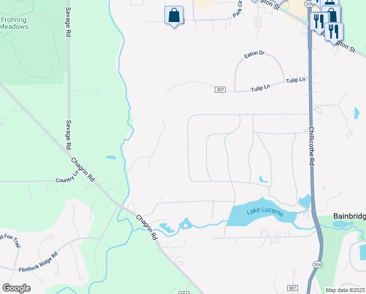 map of restaurants, bars, coffee shops, grocery stores, and more near 17070 Sunset Drive in Chagrin Falls