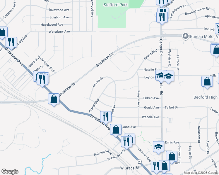 map of restaurants, bars, coffee shops, grocery stores, and more near 149 Grand Boulevard in Bedford