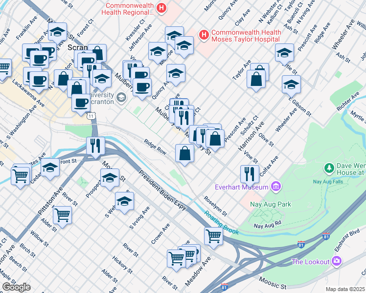 map of restaurants, bars, coffee shops, grocery stores, and more near 329 Taylor Avenue in Scranton