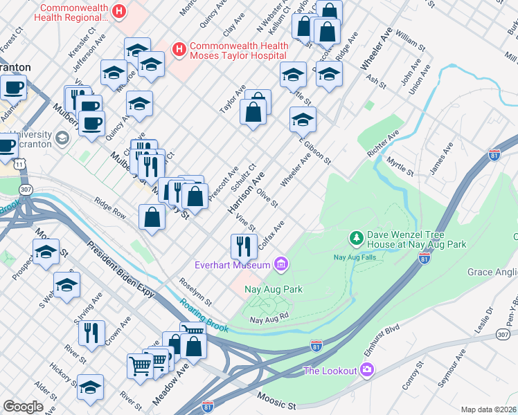 map of restaurants, bars, coffee shops, grocery stores, and more near 1615 Olive Street in Scranton