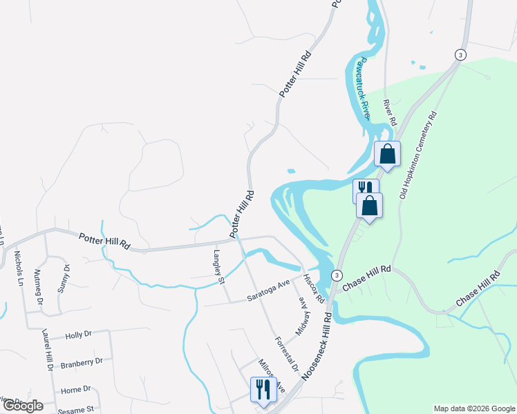 map of restaurants, bars, coffee shops, grocery stores, and more near 78B Potter Hill Road in Westerly