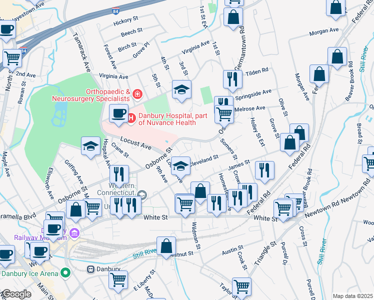 map of restaurants, bars, coffee shops, grocery stores, and more near 128 Osborne Street in Danbury