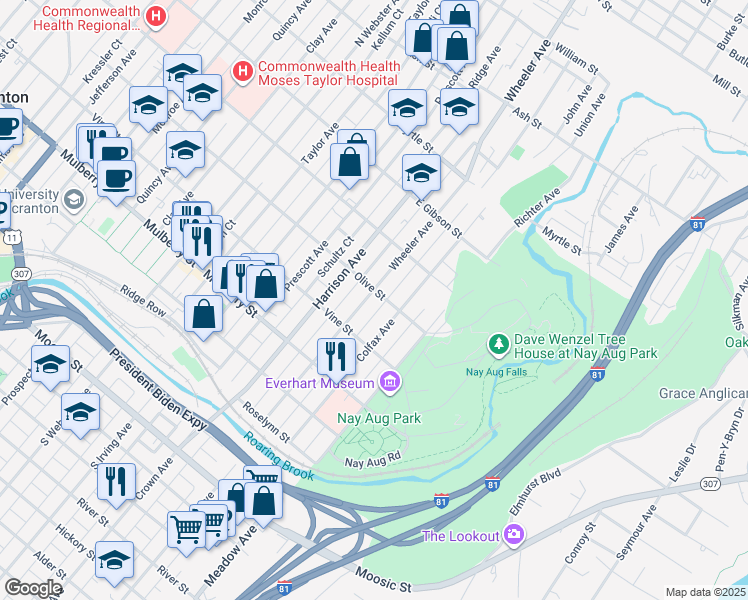 map of restaurants, bars, coffee shops, grocery stores, and more near 1615 Olive Street in Scranton