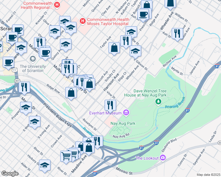 map of restaurants, bars, coffee shops, grocery stores, and more near 535 Harrison Avenue in Scranton