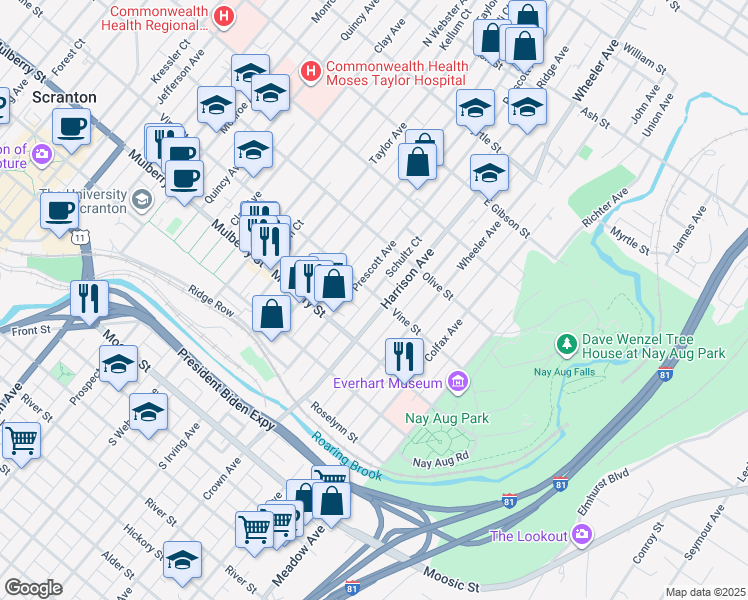 map of restaurants, bars, coffee shops, grocery stores, and more near 508 Prescott Avenue in Scranton