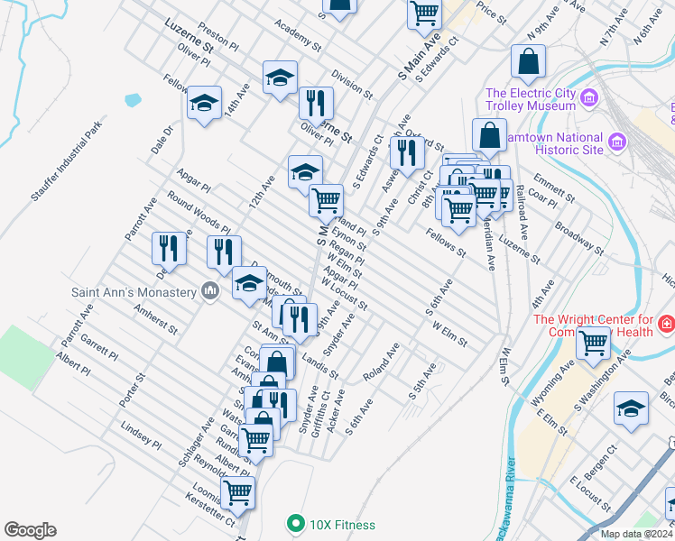 map of restaurants, bars, coffee shops, grocery stores, and more near 926-928 West Elm Street in Scranton