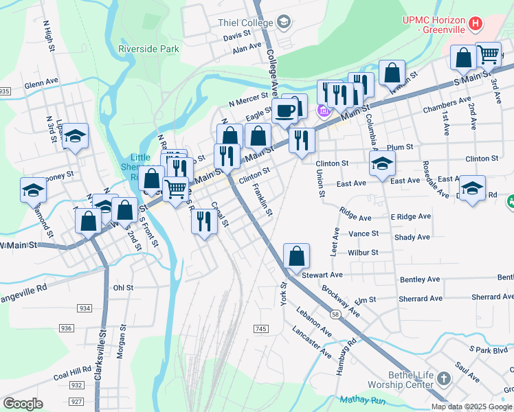 map of restaurants, bars, coffee shops, grocery stores, and more near 11 Franklin Street in Greenville
