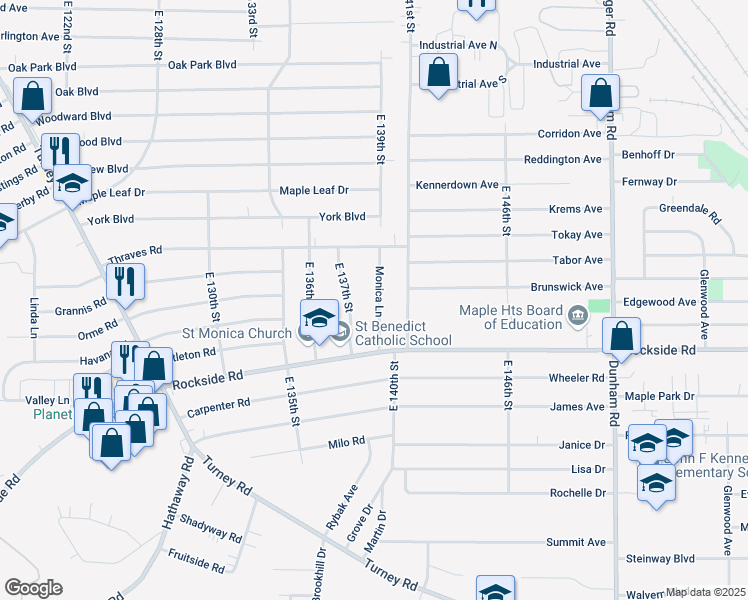 map of restaurants, bars, coffee shops, grocery stores, and more near 5853 Monica Lane in Garfield Heights
