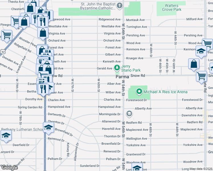 map of restaurants, bars, coffee shops, grocery stores, and more near 5815 Snow Road in Parma