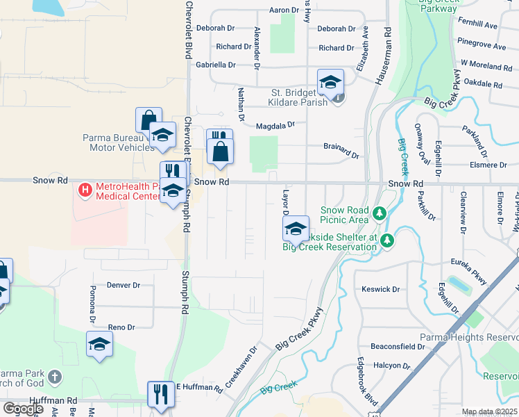 map of restaurants, bars, coffee shops, grocery stores, and more near 5817 Kings Highway in Parma Heights