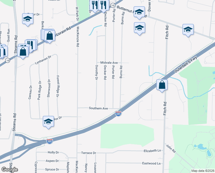 map of restaurants, bars, coffee shops, grocery stores, and more near 5895 Decker Road in North Olmsted