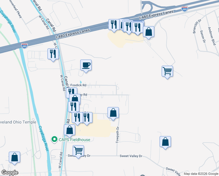 map of restaurants, bars, coffee shops, grocery stores, and more near 9126 Fosdick Road in Valley View