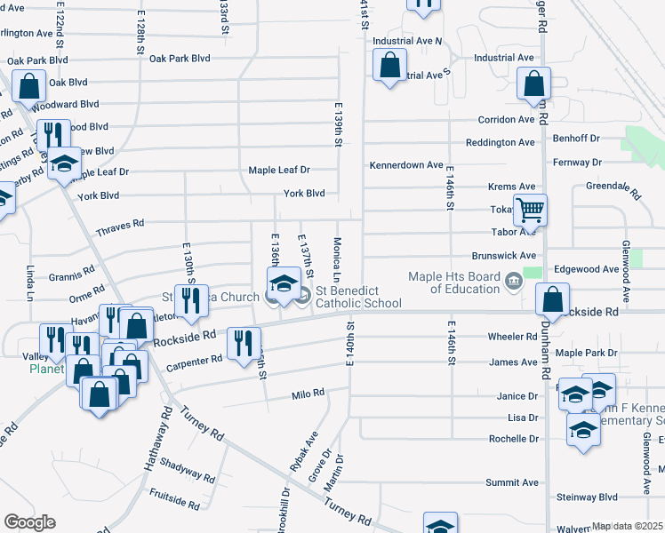 map of restaurants, bars, coffee shops, grocery stores, and more near 5853 Monica Lane in Garfield Heights