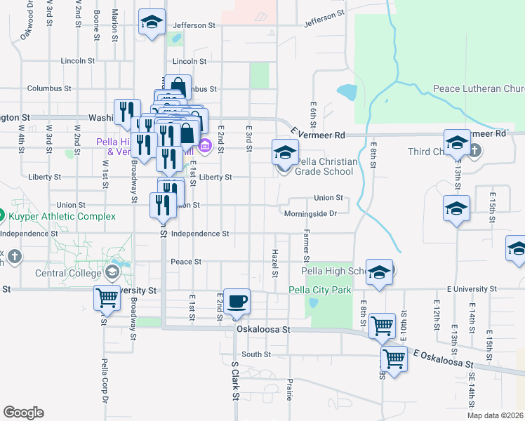 map of restaurants, bars, coffee shops, grocery stores, and more near 302 Union Street in Pella