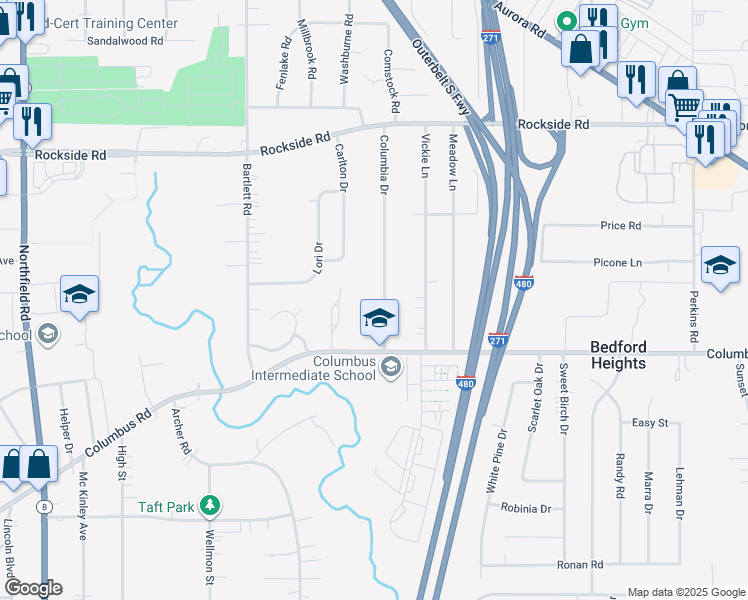 map of restaurants, bars, coffee shops, grocery stores, and more near 5718 Columbia Drive in Bedford Heights