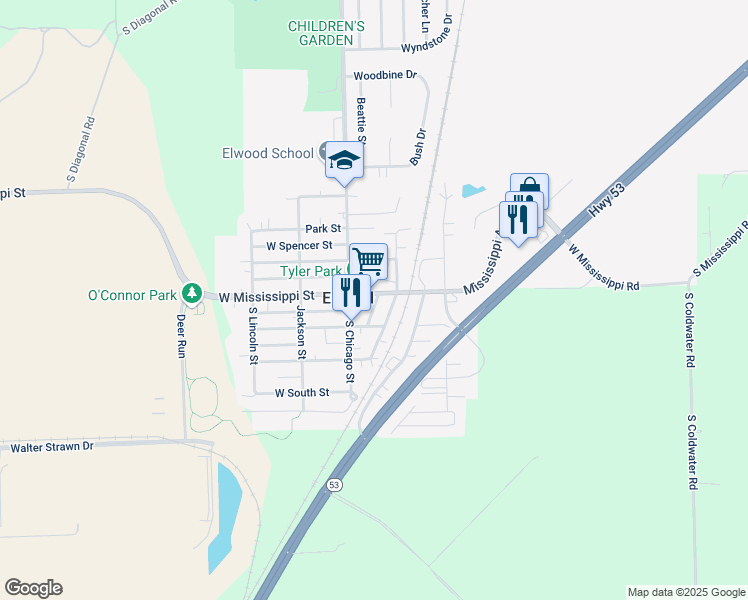map of restaurants, bars, coffee shops, grocery stores, and more near 121 East Mississippi Avenue in Elwood