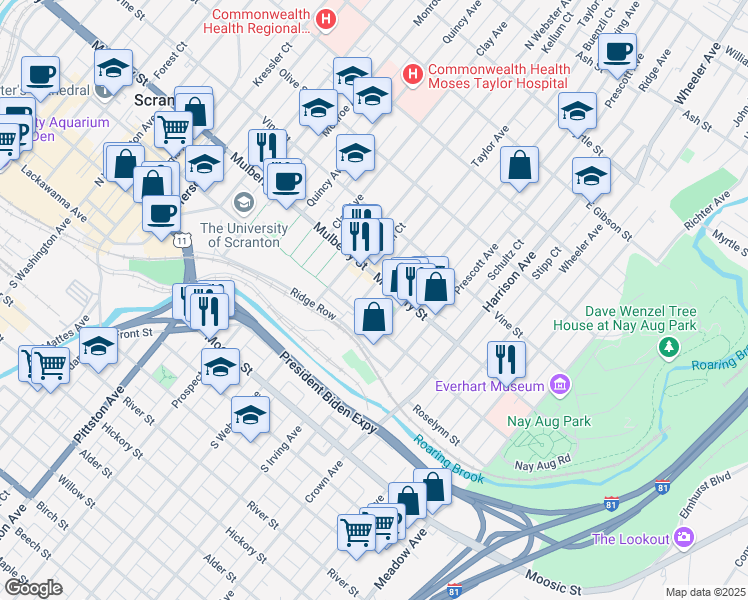 map of restaurants, bars, coffee shops, grocery stores, and more near 324 Taylor Avenue in Scranton