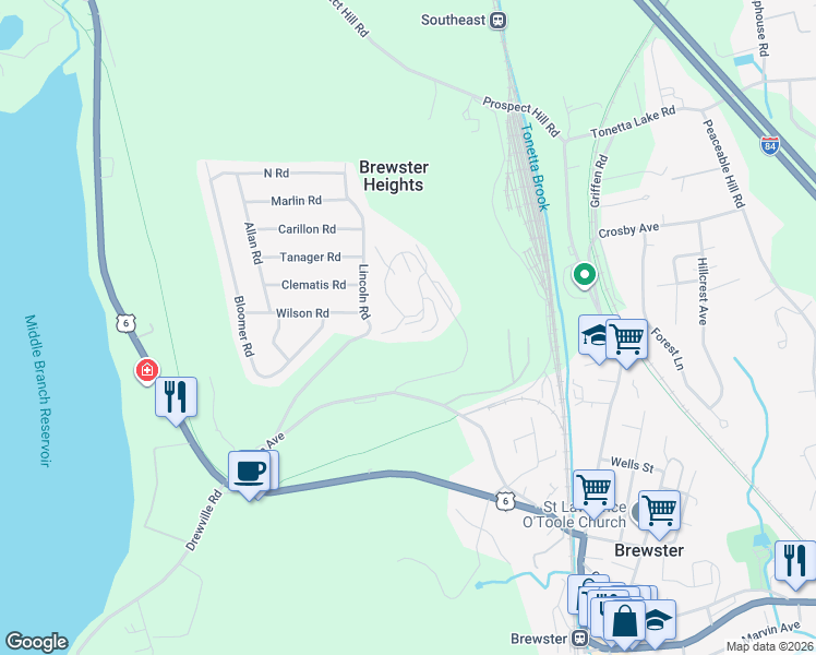 map of restaurants, bars, coffee shops, grocery stores, and more near 705 Eagles Ridge Road in Brewster