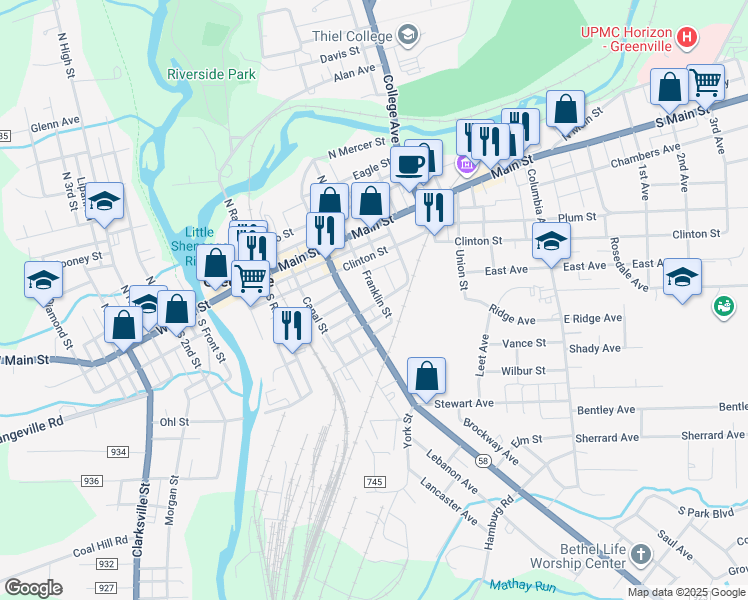 map of restaurants, bars, coffee shops, grocery stores, and more near 11 Franklin Street in Greenville