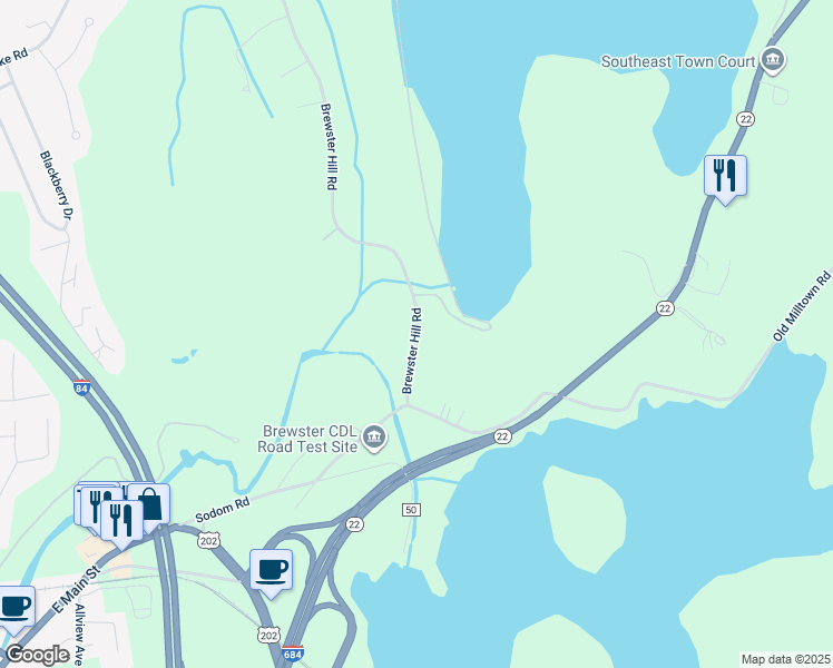 map of restaurants, bars, coffee shops, grocery stores, and more near 21 Brewster Hill Road in Brewster