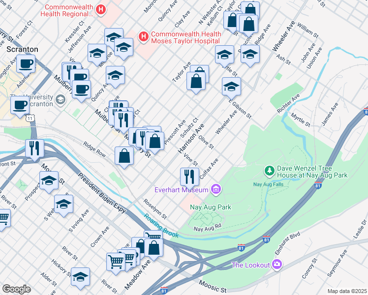 map of restaurants, bars, coffee shops, grocery stores, and more near 535 Harrison Avenue in Scranton