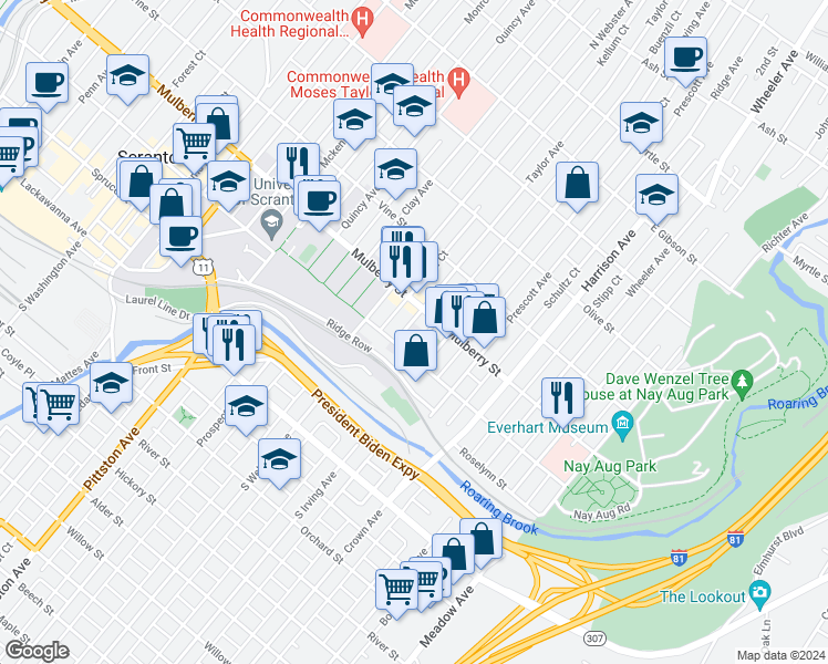 map of restaurants, bars, coffee shops, grocery stores, and more near 329 Taylor Avenue in Scranton