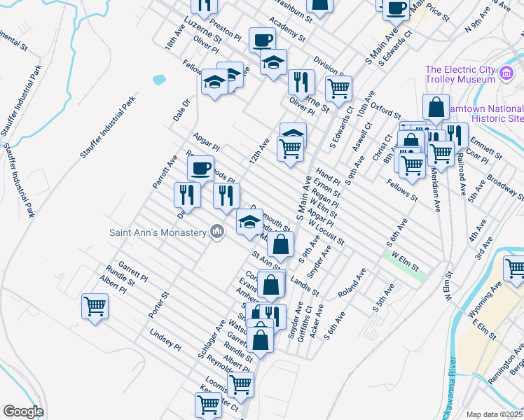 map of restaurants, bars, coffee shops, grocery stores, and more near 1131 West Locust Street in Scranton