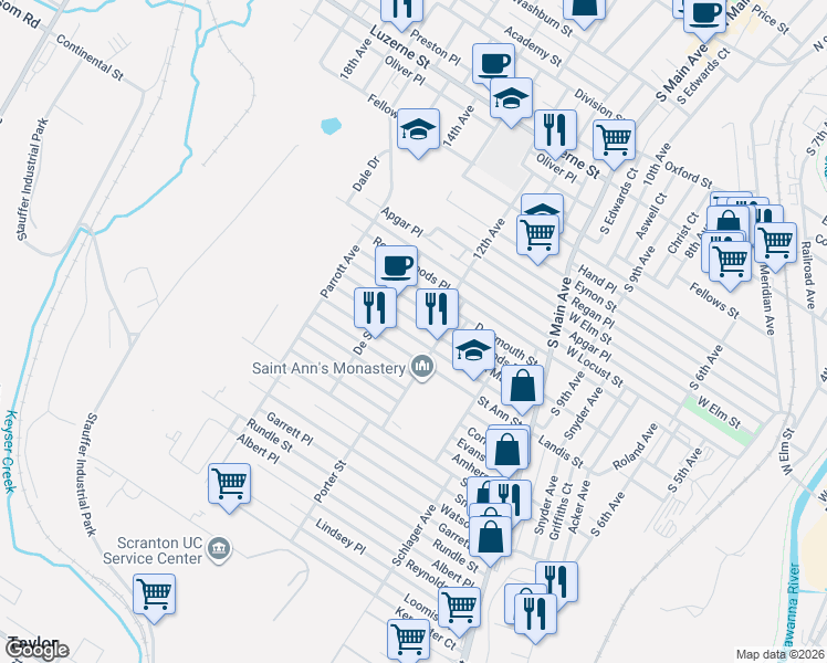 map of restaurants, bars, coffee shops, grocery stores, and more near 1330 Bryn Mawr Street in Scranton