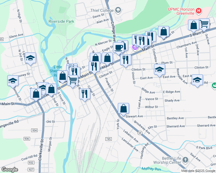 map of restaurants, bars, coffee shops, grocery stores, and more near 11 Franklin Street in Greenville