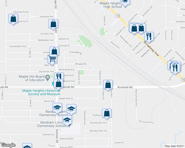 map of restaurants, bars, coffee shops, grocery stores, and more near 16005 Northwood Avenue in Maple Heights