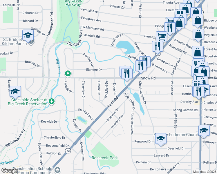 map of restaurants, bars, coffee shops, grocery stores, and more near 9203 Snow Road in Parma Heights