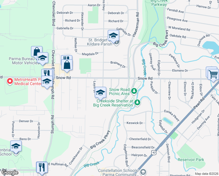 map of restaurants, bars, coffee shops, grocery stores, and more near 10605 Snow Road in Parma Heights