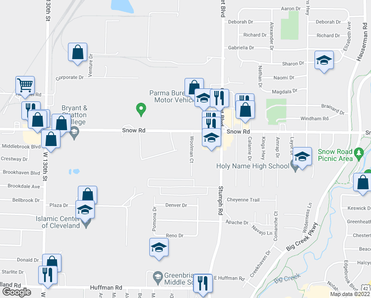 map of restaurants, bars, coffee shops, grocery stores, and more near 5830 Woolman Court in Parma