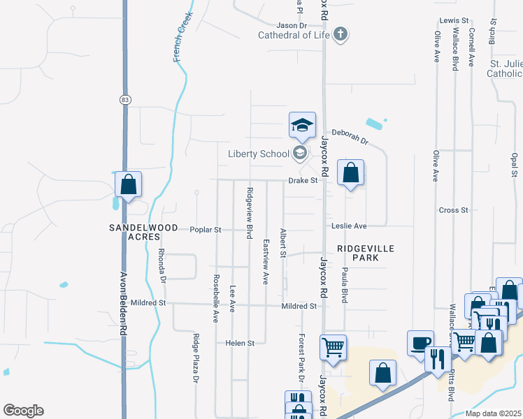map of restaurants, bars, coffee shops, grocery stores, and more near 5795 Ridgeview Boulevard in North Ridgeville