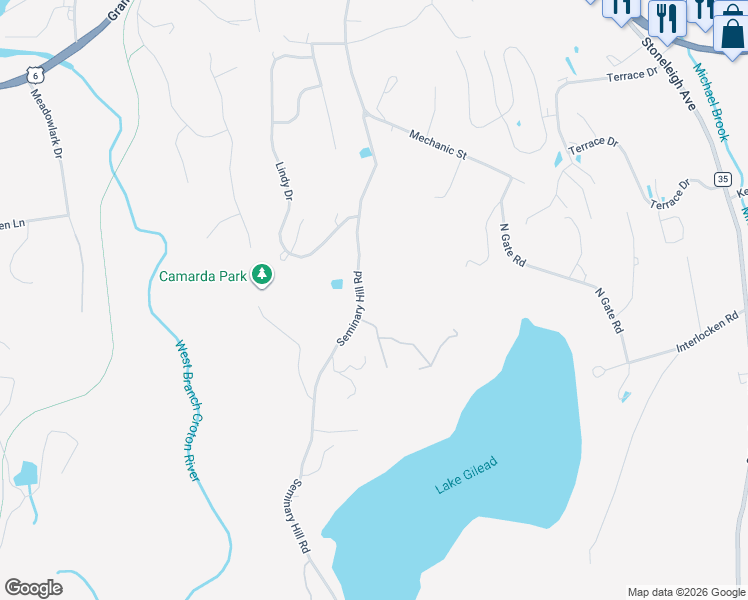 map of restaurants, bars, coffee shops, grocery stores, and more near 169 Seminary Hill Road in Carmel Hamlet