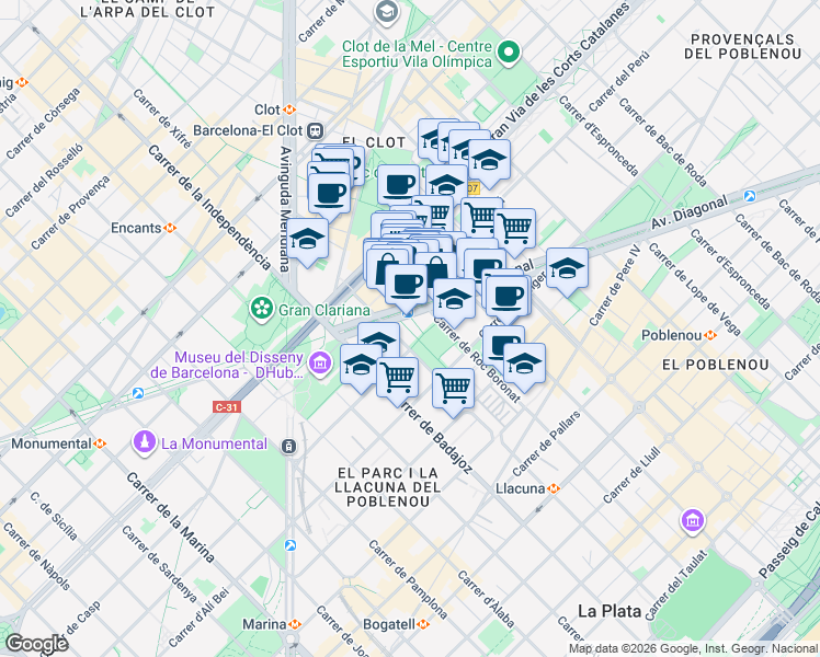 map of restaurants, bars, coffee shops, grocery stores, and more near 197 Avinguda Diagonal in Barcelona