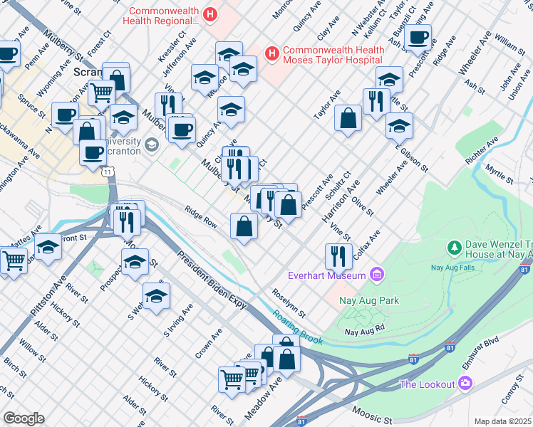 map of restaurants, bars, coffee shops, grocery stores, and more near 405 North Irving Avenue in Scranton