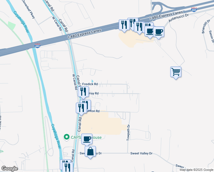 map of restaurants, bars, coffee shops, grocery stores, and more near 8905 Fosdick Road in Valley View
