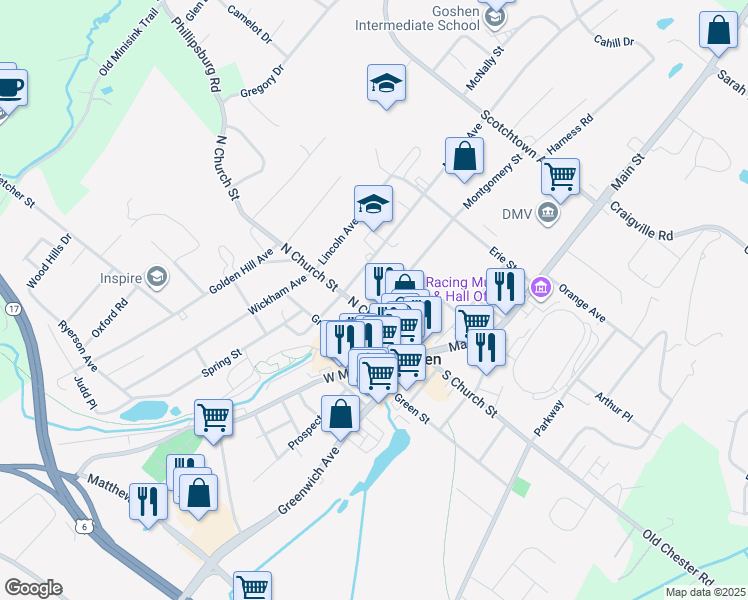 map of restaurants, bars, coffee shops, grocery stores, and more near 9 Montgomery Street in Goshen