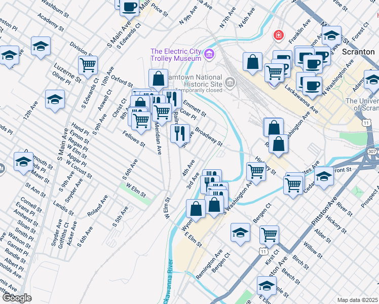 map of restaurants, bars, coffee shops, grocery stores, and more near 398 Moran Ct in Scranton